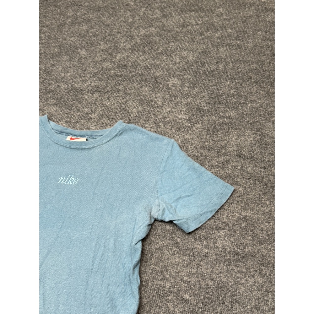 Vintage Nike Baby Tee Light Blue Ribbed Embroidered Script Logo Shirt Womens M - Picture 6 of 11